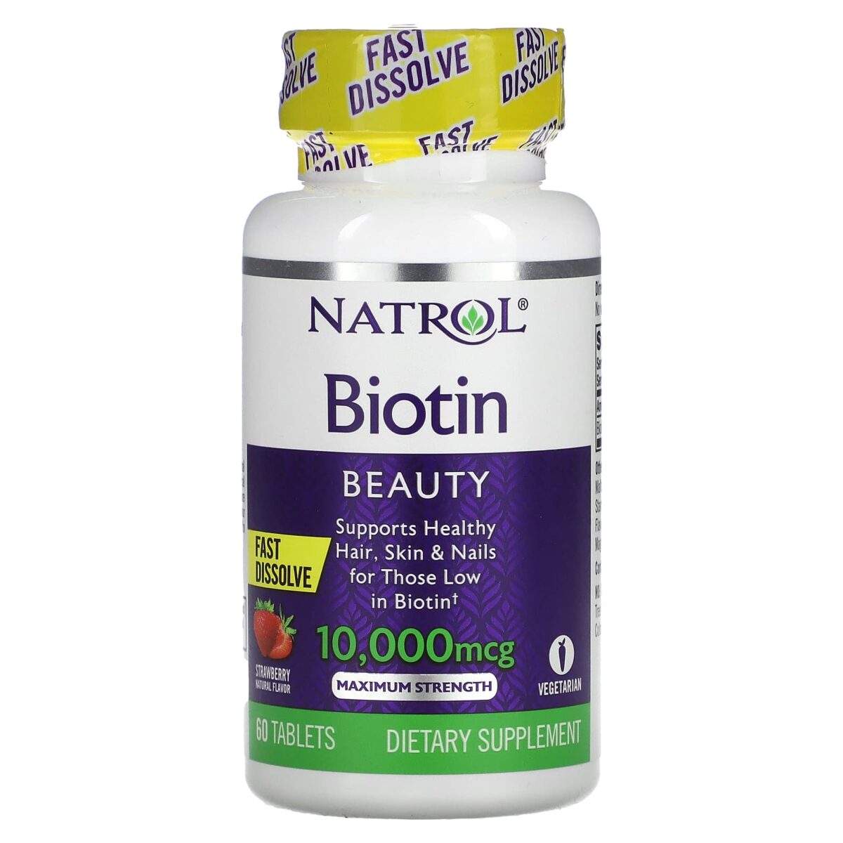 Biotine Dissolution rapide Puissance maximale Fraise 10 000 µg 60 comprimés – Image 1