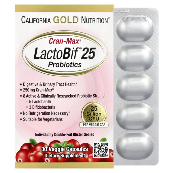 California Gold Nutrition CranMax® LactoBif® Probiotiques, 25 milliards d'UFC – 30 capsules végétales
