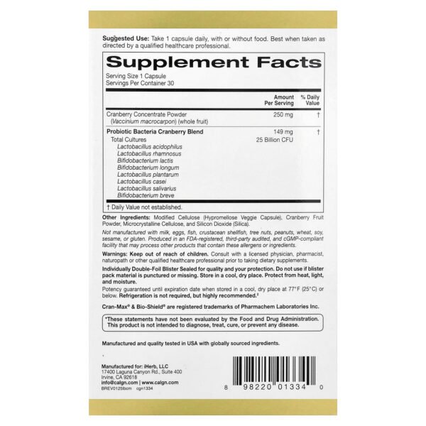 California Gold Nutrition CranMax® LactoBif® Probiotiques, 25 milliards d'UFC – 30 capsules végétales – photo 2