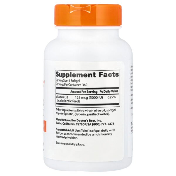 Doctor's Best Vitamine D3, 125 µg (5000 UI) – 360 capsules à enveloppe molle – photo 2
