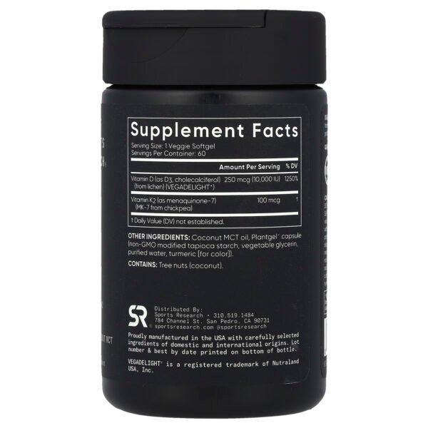 Sports Research D3 + K2 d'origine végétale, 250 µg/100 µg – 60 capsules molles végétales – photo 2