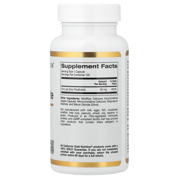 California Gold Nutrition Picolinate de zinc, 50 mg – 120 capsules végétales – photo 2