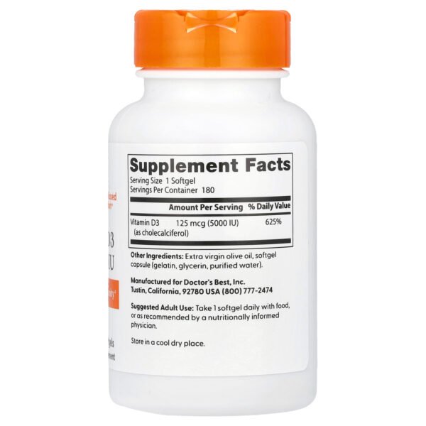 Doctor's Best Vitamine D3, 125 µg (5000 UI) – 180 capsules à enveloppe molle – photo 2