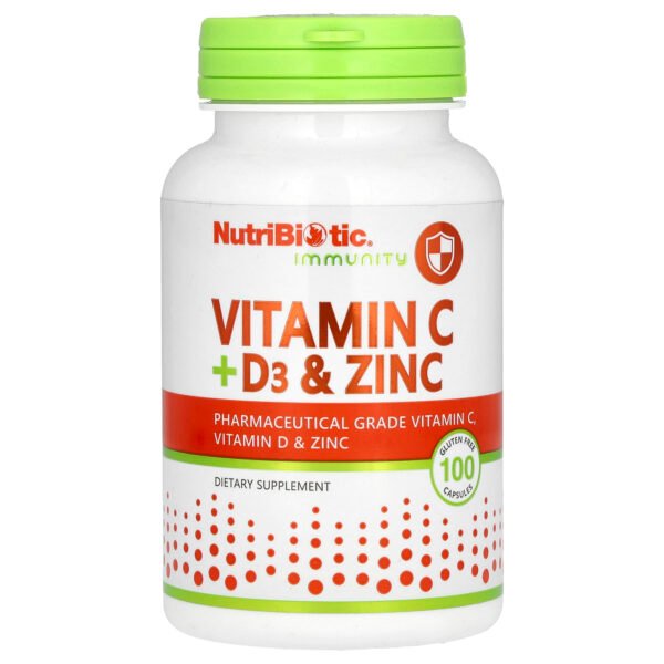 NutriBiotic Immunité, vitamine C + D3 et zinc – 100 capsules