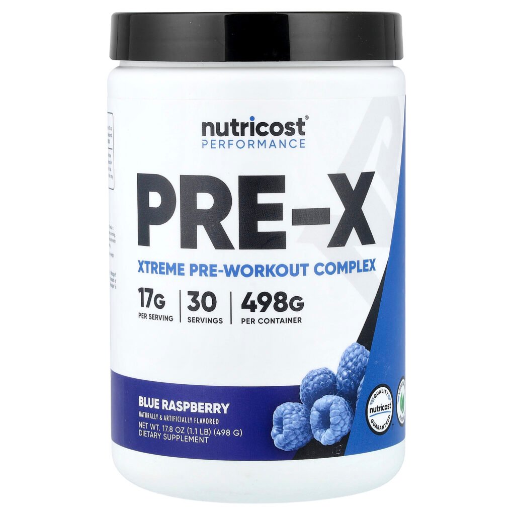Nutricost Performance PRE-X, complexe pré-entraînement Xtreme, framboise bleue – 447 g