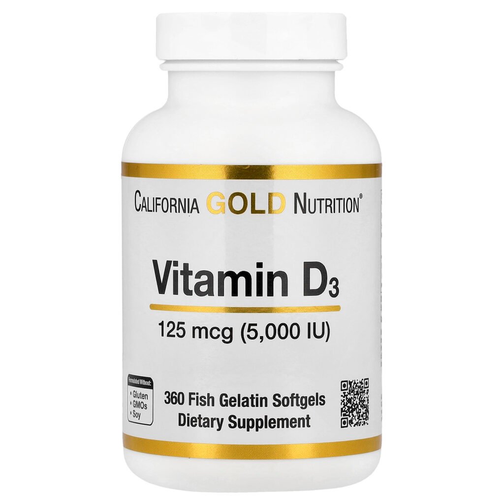 California Gold Nutrition Vitamine D3, 125 µg (5000 UI) – 360 capsules molles à base de gélatine de poisson