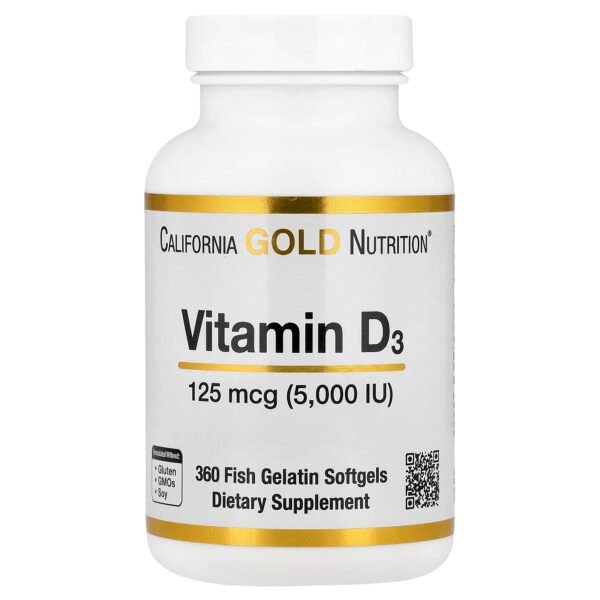 California Gold Nutrition Vitamine D3, 125 µg (5000 UI) – 360 capsules molles à base de gélatine de poisson