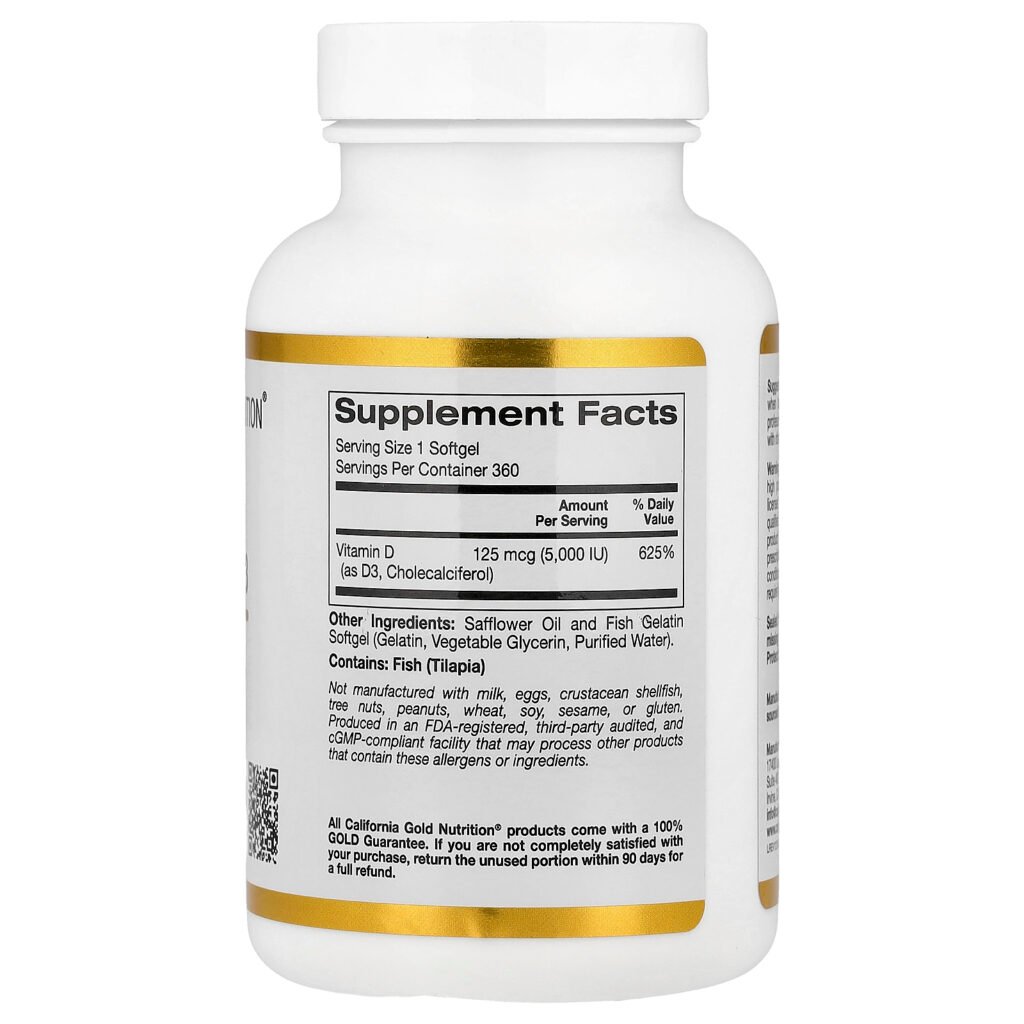 California Gold Nutrition Vitamine D3, 125 µg (5000 UI) – 360 capsules molles à base de gélatine de poisson – photo 2