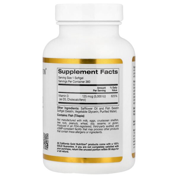 California Gold Nutrition Vitamine D3, 125 µg (5000 UI) – 360 capsules molles à base de gélatine de poisson – photo 2