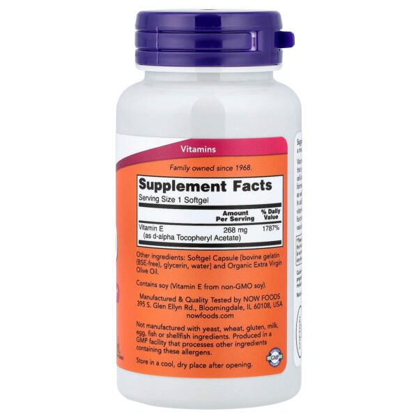 NOW Foods Vitamine E-400, 268 mg (400 UI) – 100 capsules à enveloppe molle – photo 2
