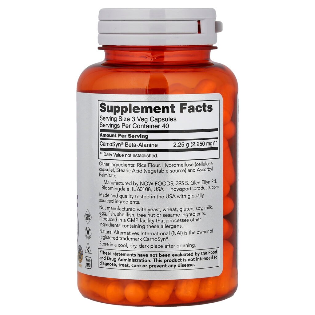 NOW Foods Sports Bêta-alanine Endurance, 750 mg – 120 capsules végétales – photo 2