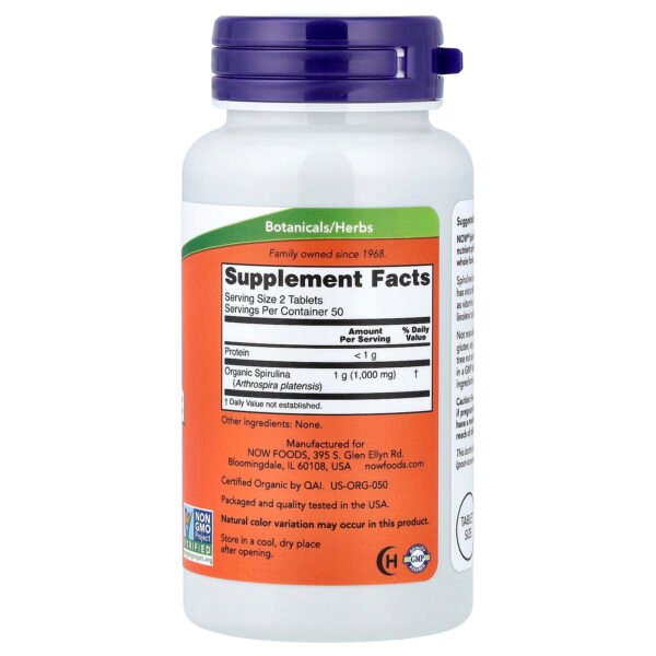 NOW Foods Spiruline biologique certifiée, 500 mg – 100 comprimés – photo 2
