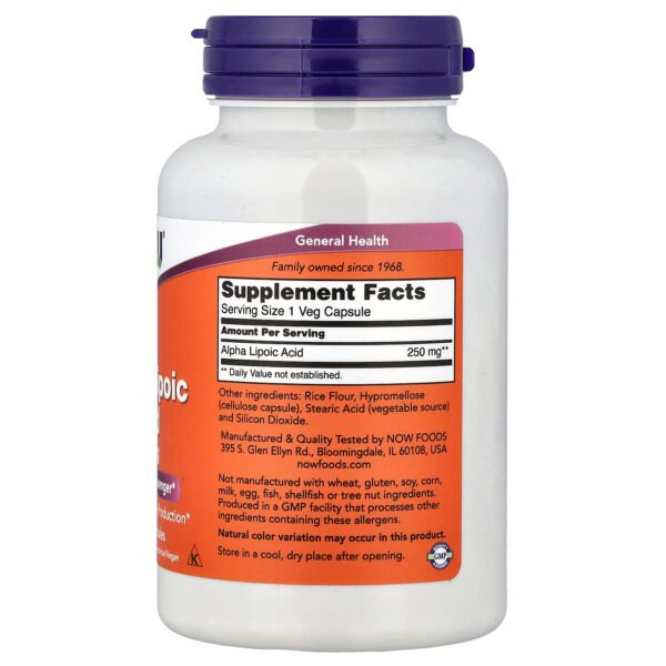 NOW Foods Acide alpha-lipoïque, 250 mg – 120 capsules végétariennes – photo 2