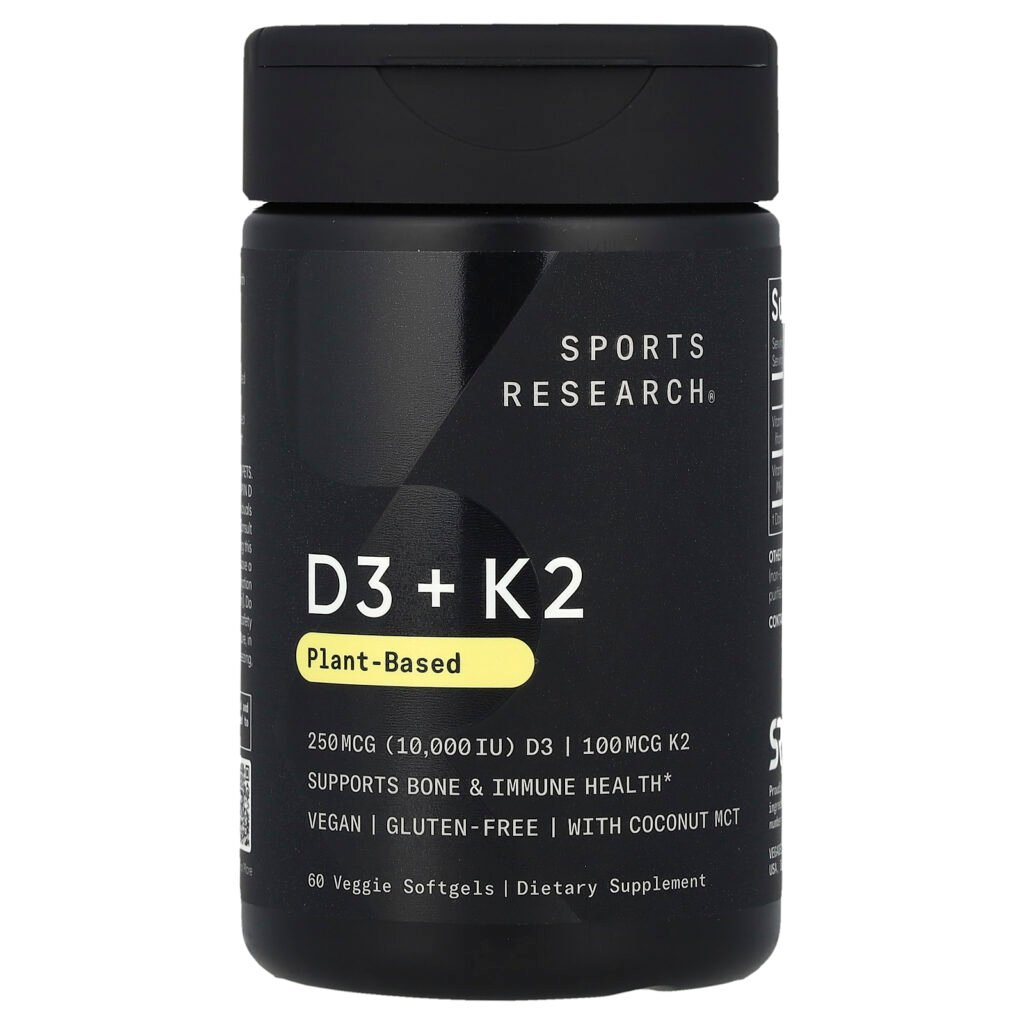 Sports Research D3 + K2 d'origine végétale, 250 µg/100 µg – 60 capsules molles végétales
