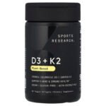 Sports Research D3 + K2 d'origine végétale, 250 µg/100 µg – 60 capsules molles végétales