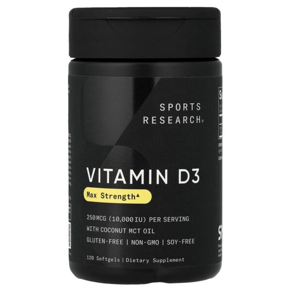 Sports Research Vitamine D3 force maximale, 250 µg (10 000 UI) – 120 capsules molles