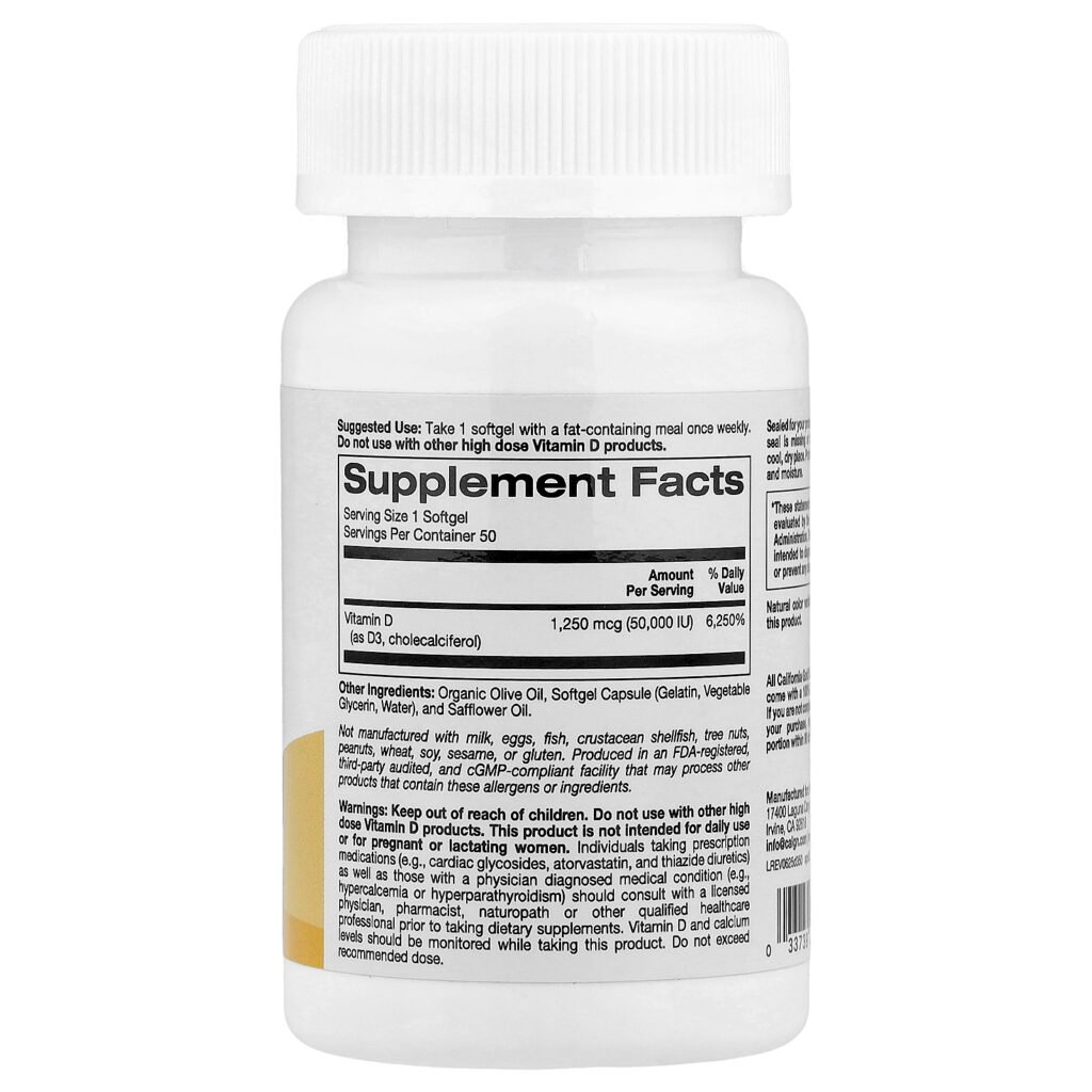California Gold Nutrition SimplyOne® Vitamine D3, 1250 µg (50 000 UI) – 50 capsules à enveloppe molle – photo 2