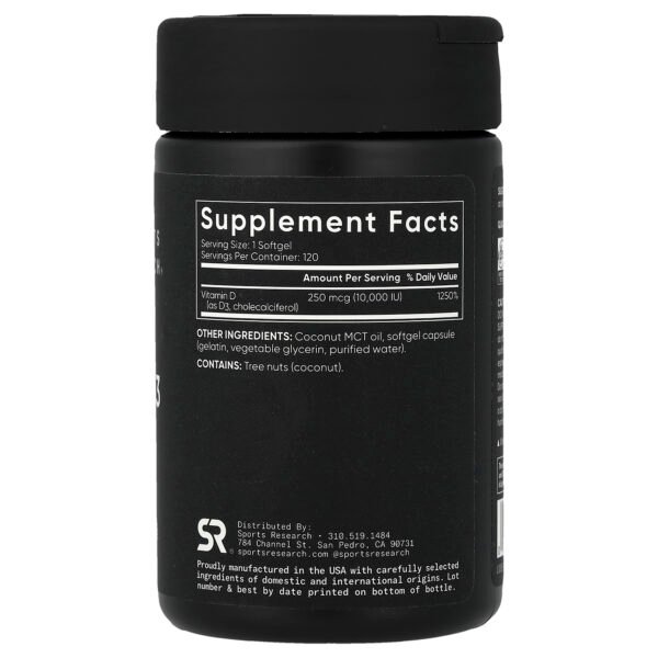 Sports Research Vitamine D3 force maximale, 250 µg (10 000 UI) – 120 capsules molles – photo 2