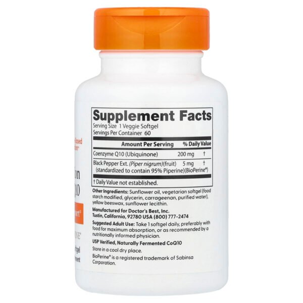 Doctor's Best CoQ10 à haute absorption avec BioPerine, 200 mg – 60 gélules végétales – photo 2