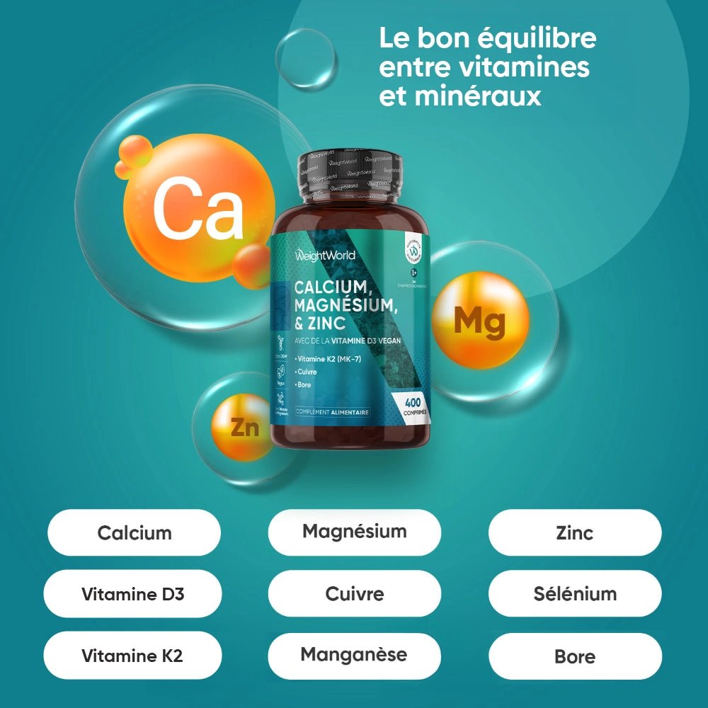 WeightWorld Calcium, Magnésium, Zinc + Vitamine D3 – 400 comprimés – photo 2