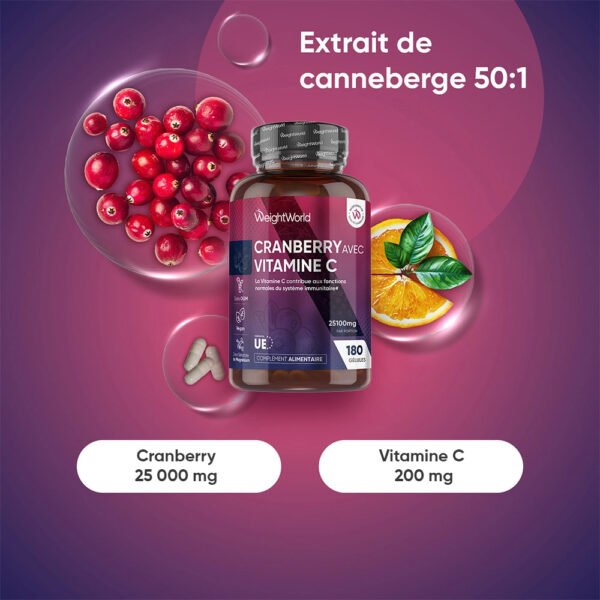 WeightWorld Gélules de Cranberry + Vitamine C – 180 gélules – photo 2